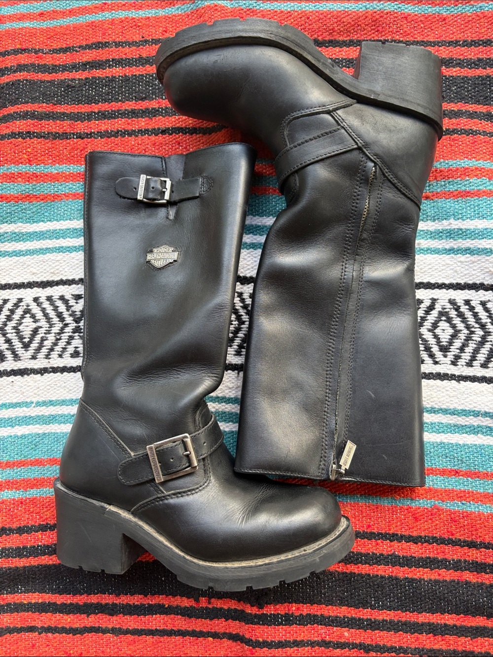 Harley-Davidson Black Leather Mid-Calf Buckle Heeled Boots